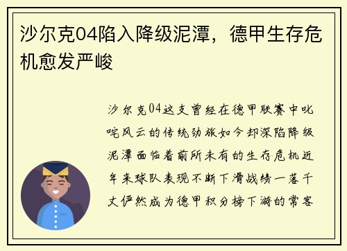 沙尔克04陷入降级泥潭，德甲生存危机愈发严峻